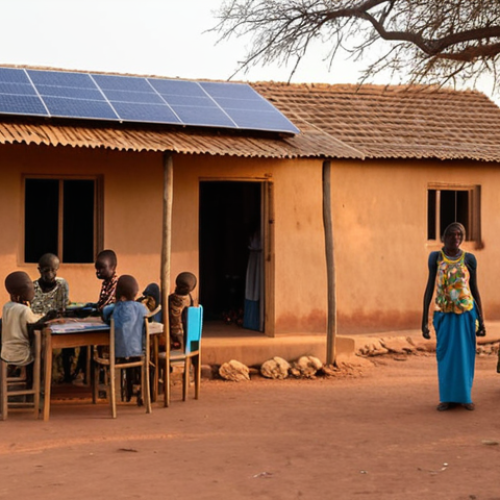 Home 11 **
A vibrant scene in a rural Burkina Faso village at dusk. Solar-powered lights illuminate homes, and children are gathered outside, studying together under the bright light. A woman is working on handicrafts outside her home, also lit by a solar lamp. In the background, you can see a solar panel on the roof of a house. Focus on the hope and opportunity that solar energy brings.
**