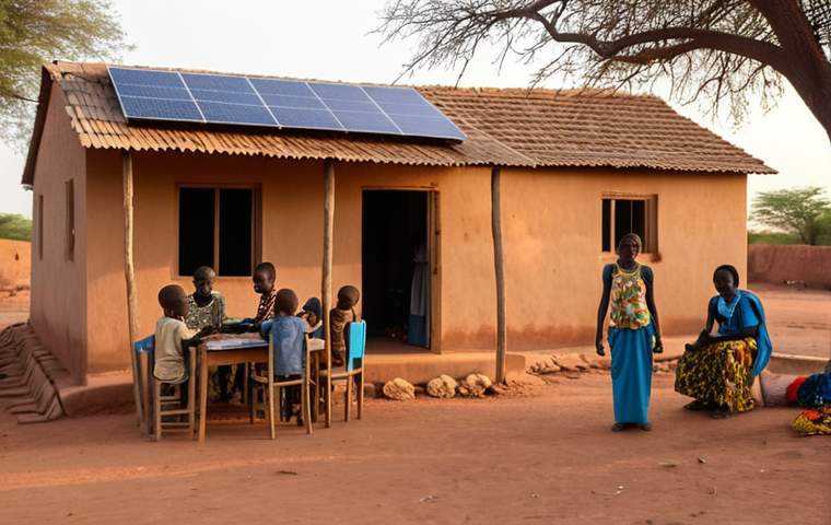 **
A vibrant scene in a rural Burkina Faso village at dusk. Solar-powered lights illuminate homes, and children are gathered outside, studying together under the bright light. A woman is working on handicrafts outside her home, also lit by a solar lamp. In the background, you can see a solar panel on the roof of a house. Focus on the hope and opportunity that solar energy brings.
**
