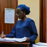 부르키나파소의 공공 서비스 및 행정 절차 - **Prompt 1: Burkina Faso National ID Card Application**
A clear, brightly lit, medium shot of a ...