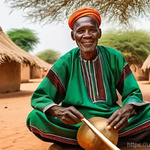 부르키나파소 전통 악기 및 음악 문화 - **A master Donso Ngoni player in a tranquil Burkinabe village.**
    A wise, elderly Burkinabe man s...