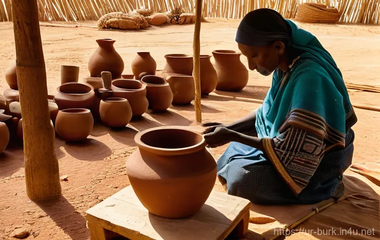 부르키나파소의 민속 공예품 및 전통 시장 - Image Prompt 1: The Artisans' Craft - Wood and Clay**